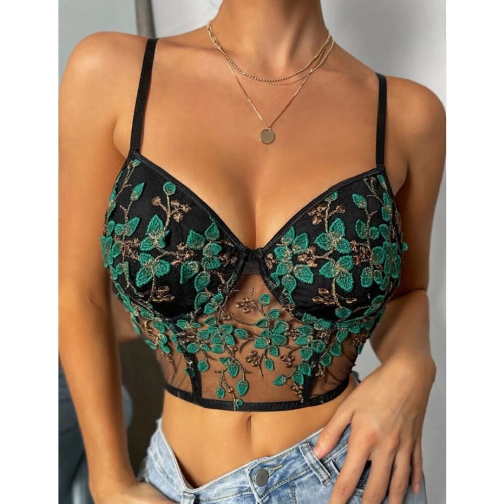 Womens Fairycore Coquette Floral Vine Embroidered Cami Cropped Corset Top Size L